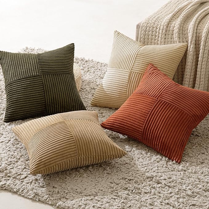 MIULEE Rust-Olive Green Decorative Throw Pillow Covers 18x18 Inch Set of 4 Boho Color-Clash Cushion Cases Farmhouse Pillow Cases Corduroy Striped Fall Home Decor for Couch Sofa Living Room Bed