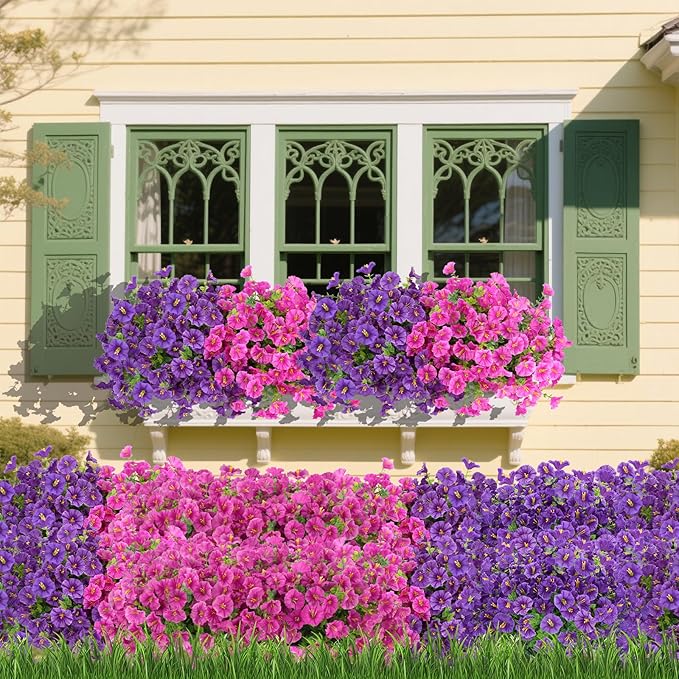 12 Bundles Artificial Flowers for Outdoors Decorations, Fake Flowers Artificial Plants Outdoor, Colorful Morning Glory Realistic UV Resistant for Garden Patio Porch Home Decor (Purple+RoseRed)