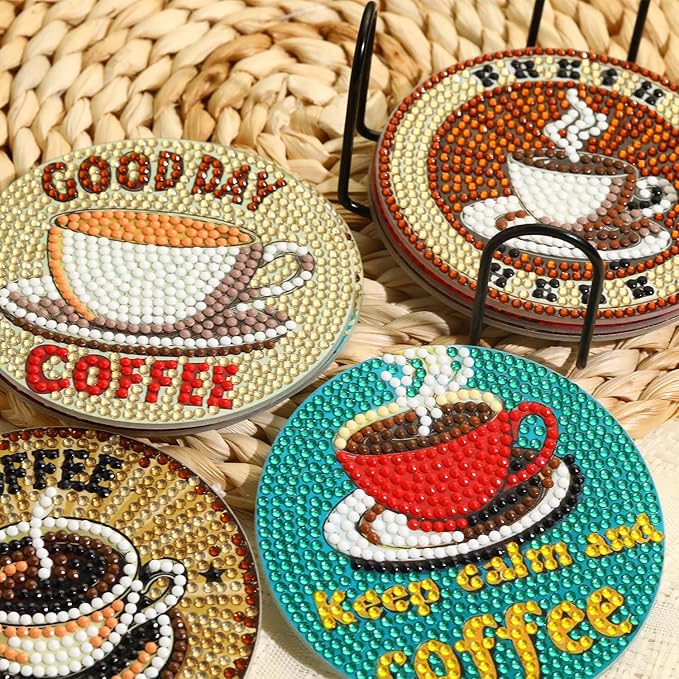 8 PCS Coffee Diamond Art Coasters Kits, Diamond Painting Coasters with Holder Set of 8, DIY Drink Coasters Art Crafts Supplies for Adults Cup Mat for Home Decor House Warming Gifts Non-Slip 3.9inch