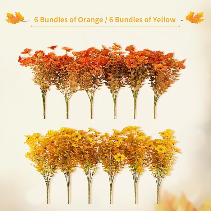 Artificial Mums Fall Fake Flowers for Outdoors, 12 Bundles Faux Mums for Outdoor Planters Decorations,UV Resistant Silk Flowers Plastic Plants for Front Porch Garden Patio Home Decor (F-Orange Yellow)