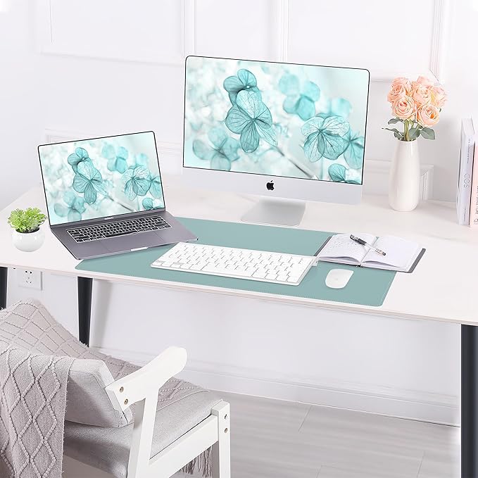 AFIING Dual-Sided Desk Pad, Natural Cork & PU Leather Large Mouse mats for Office and Home Work, Desk Protector Non-Slip, Waterproof, Easy Clean (Light Blue, 23.6" x 13.7")