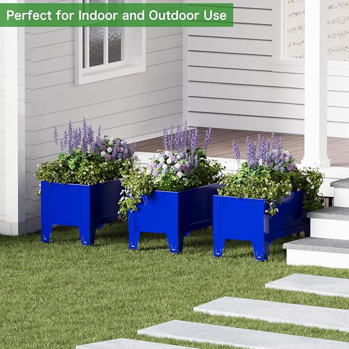 Raised Garden Bed with Low Profile Design Metal Planter Box for Growing Fresh Herbs Vegetables Flowers Succulents&Other Plants for Outdoor Backyard Patio Deck Balcony Blue