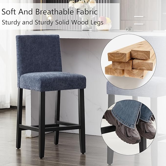 26'' Velvet Chenille Bar Stools, Modern Upholstered Bar Height Bar Chairs, Soild Wood Legs Barstools with Back, Blue