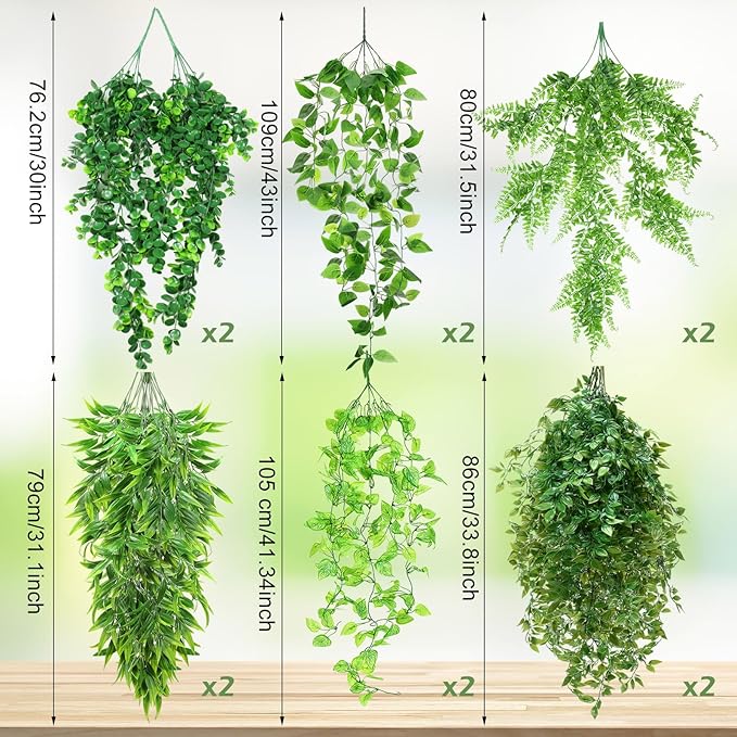 Hoteam 12 Pcs Artificial Hanging Plants 32 Inch Fake Ivy Vines with Fake Leaves Patio Artificial Plants Greenery for Living Room Indoor Outdoor Wall, No Basket (6 Style Mixed)