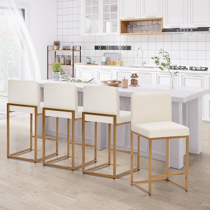 Sophia & William White & Gold Bar Stools, Counter Height Bar Stools Set of 4 with Backs, Modern PU Leather Bar Chairs, 24 Inch