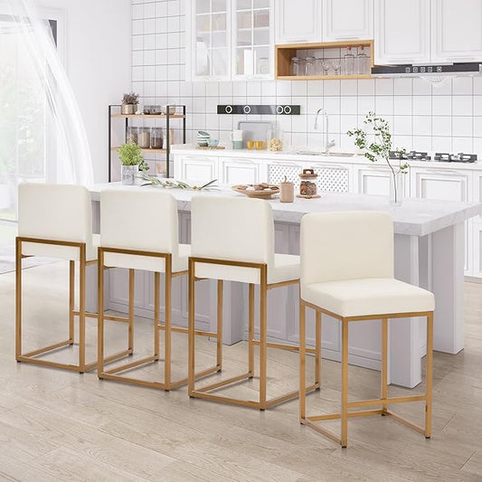 Sophia & William White & Gold Bar Stools, Counter Height Bar Stools Set of 4 with Backs, Modern PU Leather Bar Chairs, 24 Inch