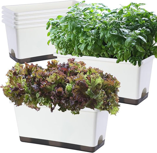 Window Box Planter 6 Pcs, 17 Inches Rectangle Flower Pots with Drainage Holes and Trays, Vegetable Planters for Windowsill Patio Garden Balcony Home Porch Yard Indoor Outdoor (White, 17*7.4*7.8 inch)