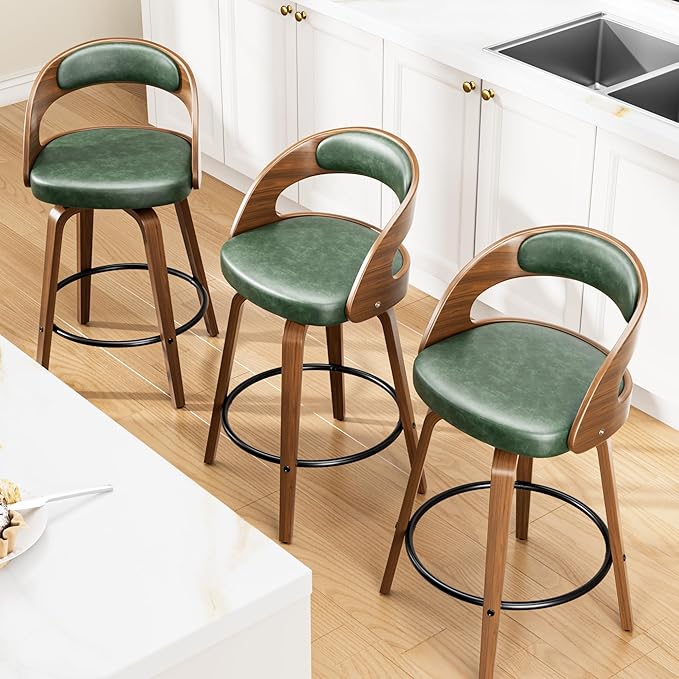 Swivel Bar Stools, 26" Upholstered Faux Leather Barstools with Bentwood Legs, Mid Century Modern Counter Height Bar Stools with Back for Kitchen Island, Dining Room, Green