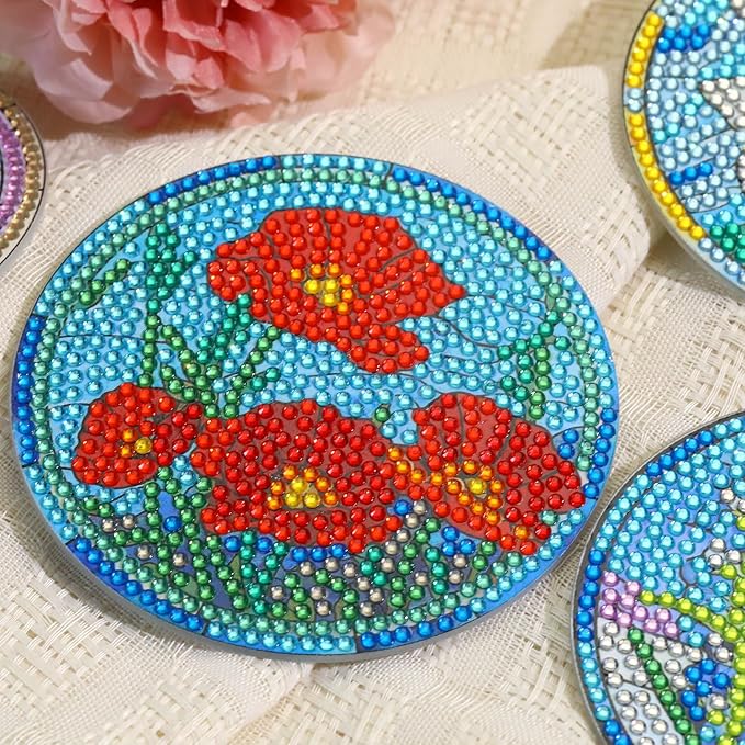 8 PCS Flowers Diamond Art Coasters Kits, Diamond Painting Coasters with Holder Set of 8, DIY Drink Coasters Art Crafts Supplies for Adults Cup Mat for Home Decor House Warming Gifts Non-Slip 3.9inch