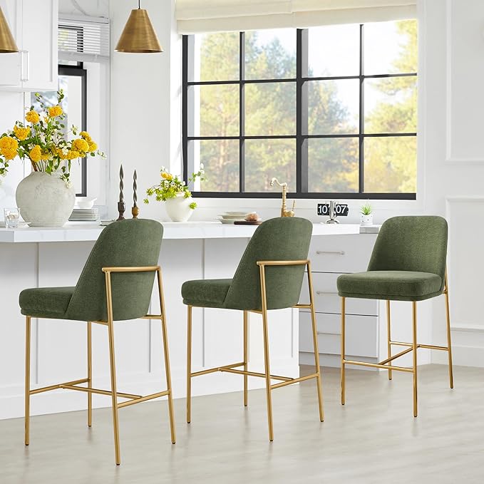 CHITA Counter Height Bar Stools Set of 2, FSC Certified Metal Barstools for Kitchen Island, 27" H Seat Height, Fabric, Green