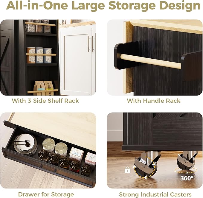 IRONCK Kitchen Island Cart with Storage, Rolling Kitchen Table with Power Outlet, Storage Cabinets on Wheels with Drop Leaf, Portable for Dining Room, Black