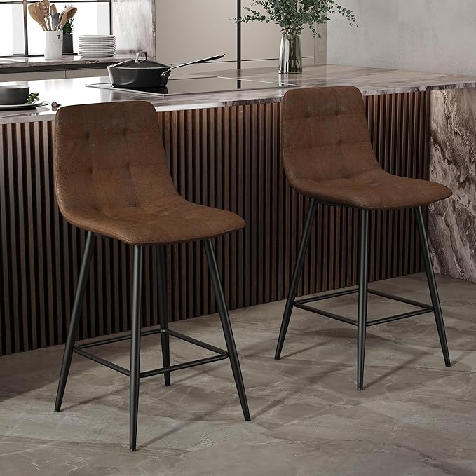 Counter Height Bar Stools Set of 2,Modern Techno-Fabric Barstools, 24.4 inch Seat Height Island Stools,Comfortable Brown Bar Chairs with Metal Legs