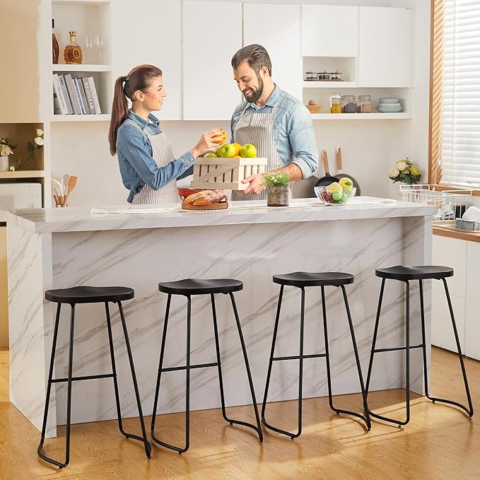 HeuGah Bar Stools Set of 3, Bar Height Wooden Bar Stools Saddle Seat, 30" Backless Barstool for Kitchen Island (Black, 3 PCS 30Inch Barstool)