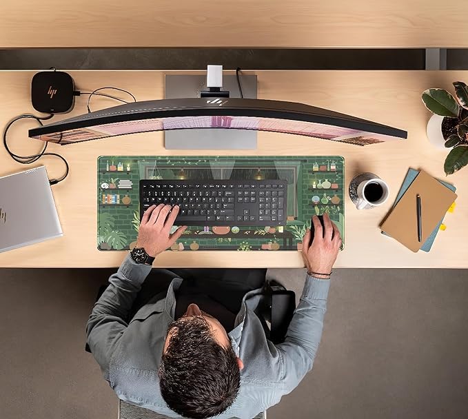 Kawaii Rainy Night Desk Mat Green Plants Gaming Mouse Pad XL, Aesthetic Anime Black Cat Desk Pad Laptop Computer Keyboard Mouse Mat, Desktop Decor Accessories for Girl Women Office 31.5"x11.8"