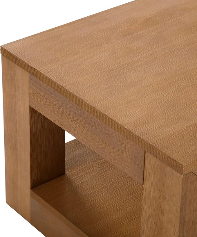 Plank+Beam 40" Modern Rectangular Coffee Table with Shelf, Solid Wood Center Table with Storage, 2 Tier Tea Table for Living Room, Pecan Wirebrush