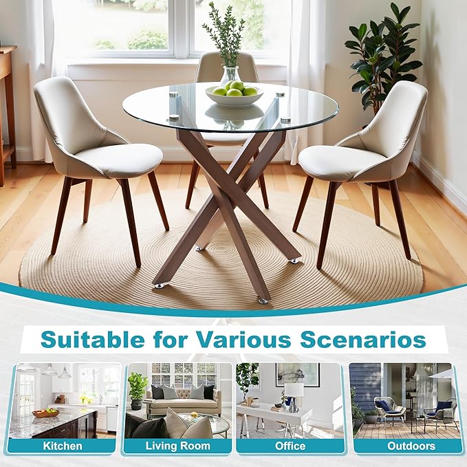 Dining Table for 4 Modern Round Dining Table 35.43" Kitchen & Dining Room Tables with Metal Legs and Glass Tabletop for Dining Room and Apartment, Brown