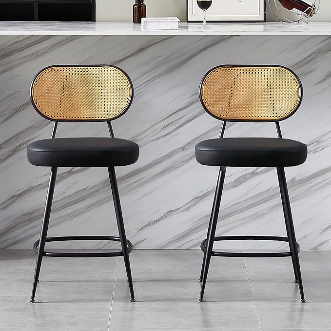26" Rattan Barstools Set of 2, Counter Height Bar Chair with Black Metal Legs, Modern Armless PU Leather Pub Chair,Adjustable Feetpads Stools for Home Counter,Kitchen Dining Island,Cafe(Black)