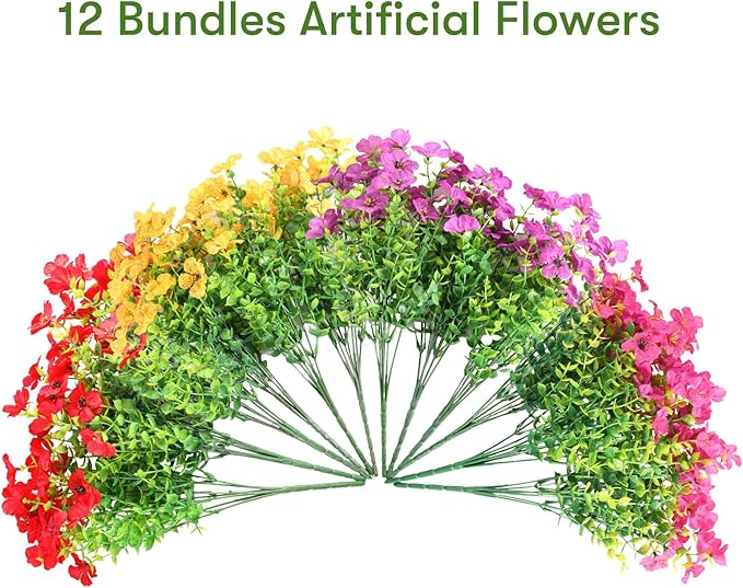 12 Bundles Artificial Flowers Faux Plants Flowers for Outdoor Spring Summer Decoration UV Resistant Artificial Plastic Plants Silk Flowers for Home Planter Porch Window Box Yard