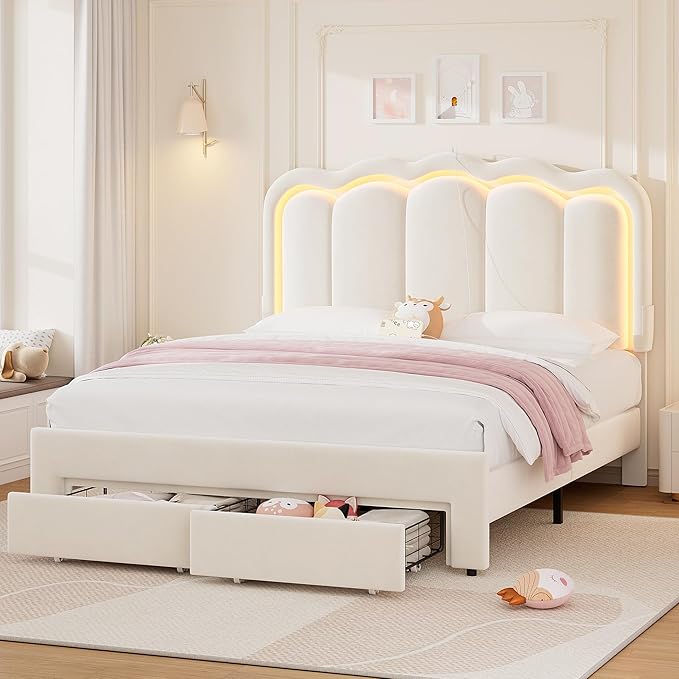 Queen Upholstered LED Bed Frame with 2 Storage Drawers and Adjustable Chic Double Wavy Headboard, Velvet Princess Platform Bed with Charing Station, Solid Wood Slats Support,No Box Spring Needed,Beige