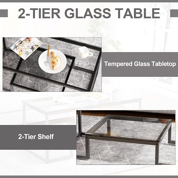 Coffee Table Grey Glass Coffee Table for Living Room,2 Tiers Rectangle Center Table with Sturdy Metal Frame,Modern Tempered Glass Accent Table for Bedroom Home Office