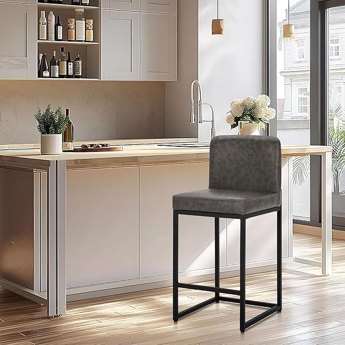 ALPHA HOME 24 Inch Bar Stools Kitchen Counter Stools with Back Pu Leather Counter Chair Counter Height Bar Stools with Upholstered Footrest Sturdy Chromed Metal Steel Frame, Grey