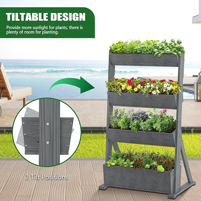 Wooden Vertical Raised Garden Bed, 4 Tier Garden Planters Raised Beds Freestanding Plant Stand Flower Rack Wooden Planter Box for Plants Herbs Flowers Vegetables Outdoor Indoor Gardening