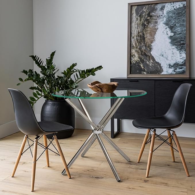 Fab Glass and Mirror 30" Flat Round Hydra Dining Table – Clear 1/2-Inch Thick Glass Top with Chrome Finish Base – Elegant Dining Table for Kitchen or Dining Room