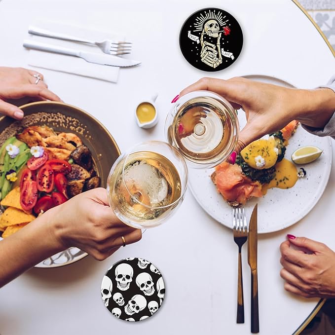 Coaster for Drinks Set of 6, Skeleton Skull Absorbing Round Ceramic Stone Coaster with Cork Base,Tabletop Protection Mat for Mugs and Cups,Coffee Table Wine Glass Home Bar 4 Inch