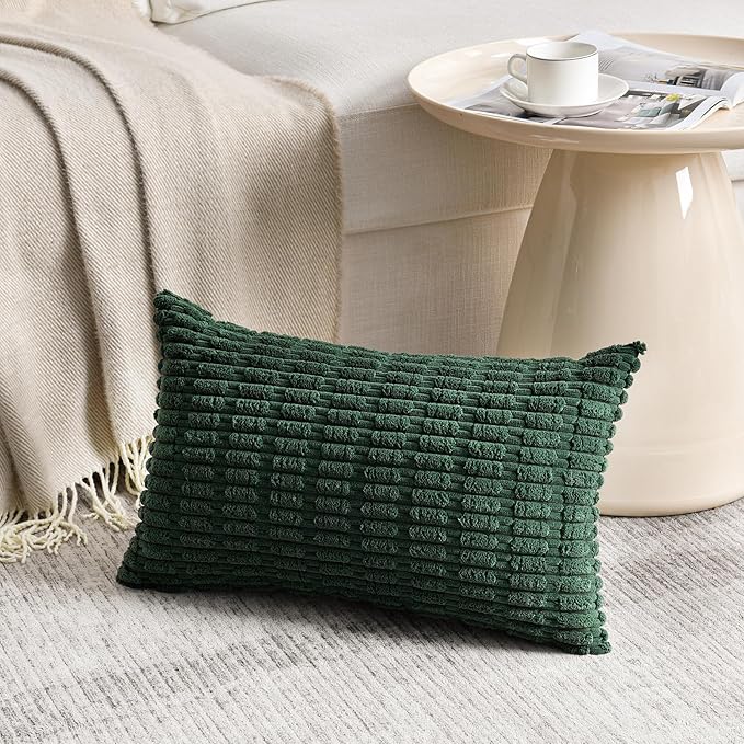 Fancy Homi Set of 4 Green Lumbar Rectangle Decorative Throw Pillow Covers 12x24 Inch for Couch Bed Chair, Aesthetic Boho Room Decor, Soft Fuzzy Thick Corduroy Textured Cushion Case 30x60cm