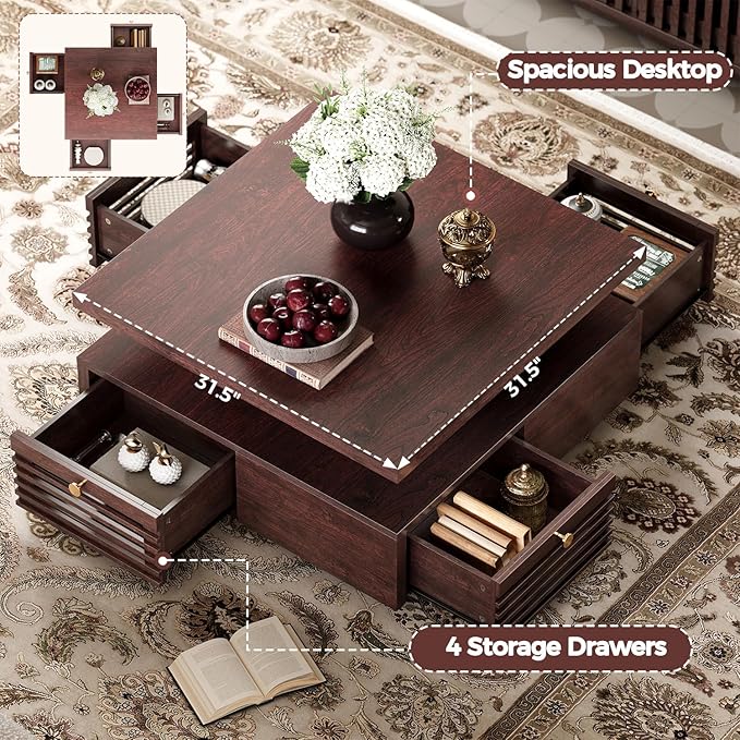 IRONCK Coffee Table with LED Light and Charging Station, 4 Storage Drawers with Grille Design, Square Coffee Table for Living Room Office Reception Room (Walnut)