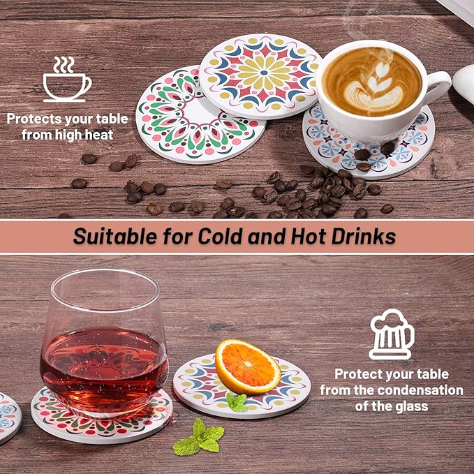 Acejoz Drink Coasters Set of 6, Mandala Design, Ceramic, Round, 4 Inches, Multicolor