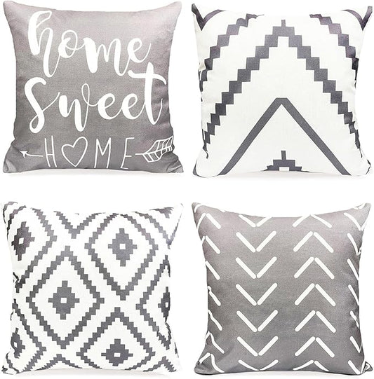 Decorative Throw Pillow Covers Set of 4 Grey Pillow Covers 22x22 inch Throw Pillow Cases Linen Square Pillow Case,Farmhouse Outdoor Geometric Pillow Covers for Couch Sofa Living Room