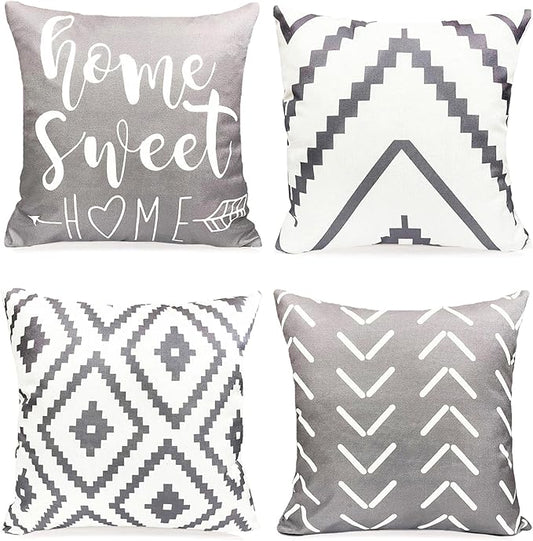 Decorative Throw Pillow Covers Set of 4 Grey Pillow Covers 18x18 inch Throw Pillows Linen Square Pillow Case,Farmhouse Outdoor Modern Geometric Pillow Covers for Couch Sofa Living Room