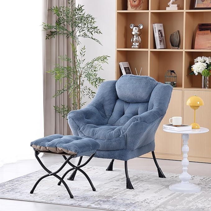 Welnow Lazy Chair with Ottoman, Modern Lounge Accent Chair with Armrests and a Side Pocket, Leisure Sofa Armchair Set, Reading Armchair with Footrest for Small Space, Plush Light Blue
