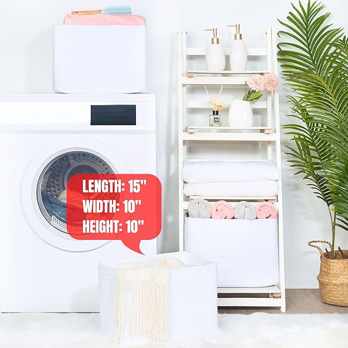 MINTWOOD Design 3-Pack Decorative Woven Storage Baskets for Shelves, Cube Bin Box for Organizing Books, Shoes, Dog Toys, Pantry Closet and Living Room Organizer, Full White