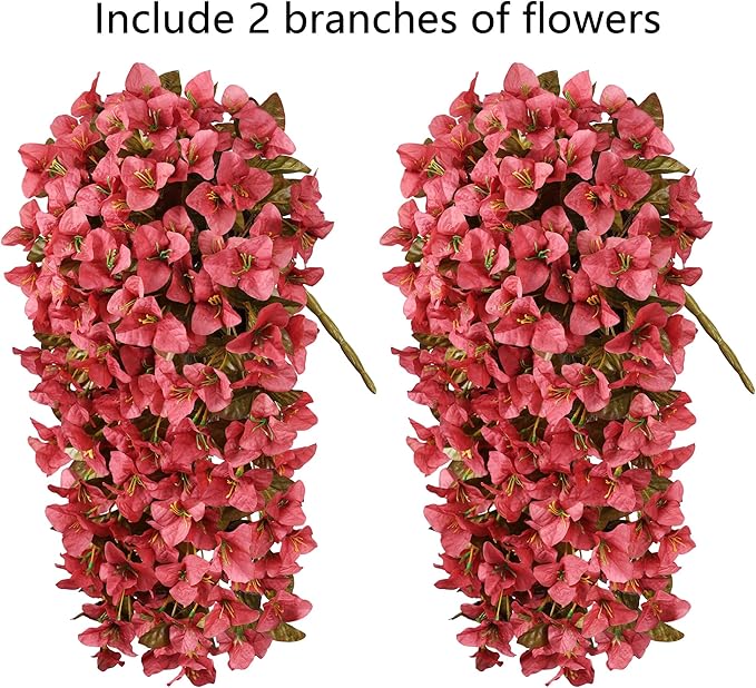 Bougainvillea Artificial Flowers Plants for Outdoors Outside Fall Autumn Decoration, 2 pcs Faux Silk Long Trailing Vines UV Resistant Look Real Red Fake Flowers for Front Door Porch Planter Urn Patio
