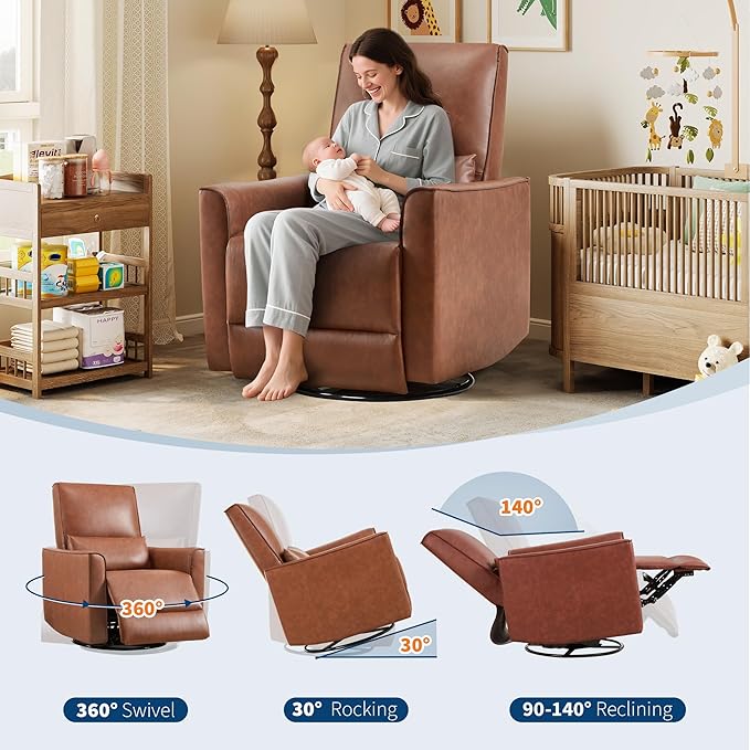 GarveeHome Recliner Chair, 360° Swivel Rocker Glider Nursery Chair with Padded Armrest and Deep Seat, PU Leather Upholstered Reclining Sofa Chair for Living Room, Bedroom and Nursery (Brown)