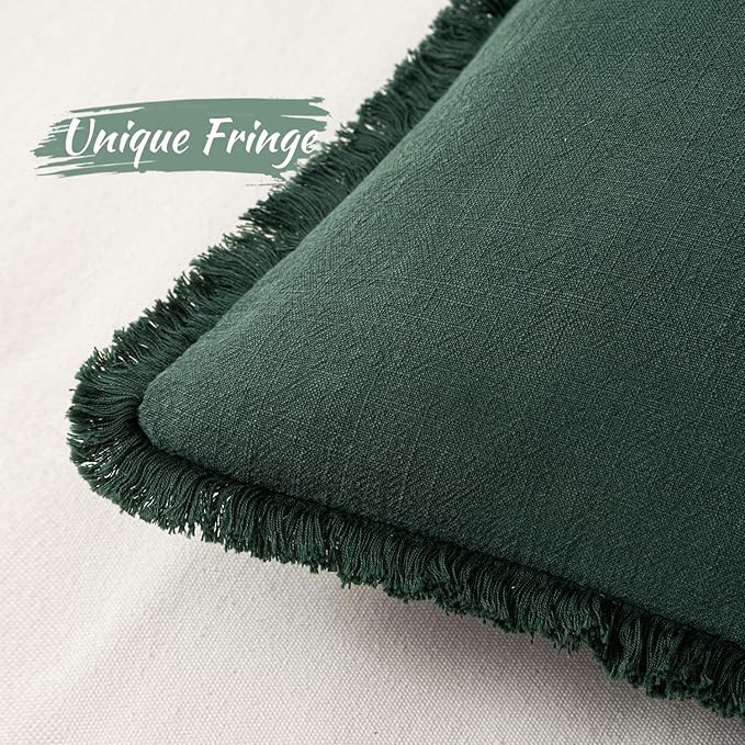 MIULEE Linen Pillow Covers 20x20 Inch Decorative Throw Pillows with Fringe Pack of 4 Soft Farmhouse Boho Couch Pillows Home Decors for Sofa Cushion Living Room Bed Dark Green and Red