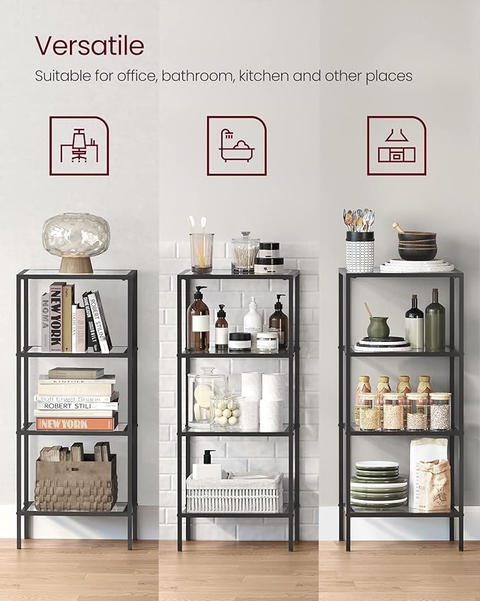 VASAGLE Bookcase, 4-Tier Bookshelf, Slim Shelving Unit for Bedroom, Bathroom, Home Office, Tempered Glass, Steel Frame, Ink Black ULGT028B61