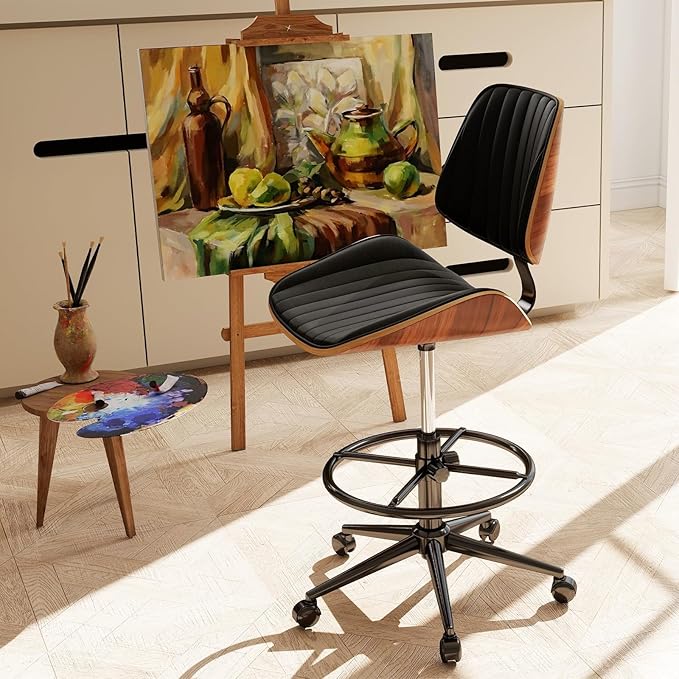 Drafting Home Office Chair, Swivel Desk Chair with Bend Wood Backrest, Ergonomic Office Chairs with Adjustable Height and Footrest Ring for Bar Lab Counter Height Desk and Drawing, Black