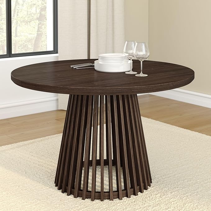 Plank+Beam Lido Round Dining Table, 47", Wooden, Pedestal, Minimalist Kitchen Table for 4 for Dining Room, Walnut