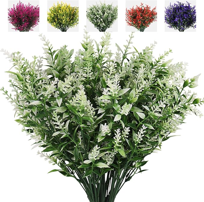 RECUTMS Artificial Plants Lavender, 8 Bundles Outdoor UV Resistant Greenery Fake Shrubs Simulation Plants Indoor Outside Hanging Planter Home Garden Decor (White)