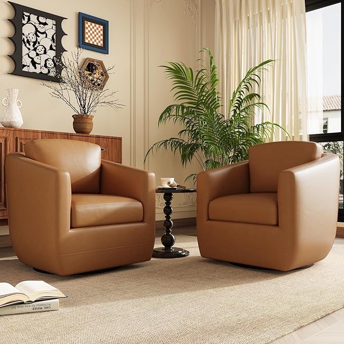COLAMY 360° Swivel Accent Chair with Pillow, Leather Living Room Armchair No-Sag Foam & Sturdy Metal Base, Fully Assembled Swivel Accent Single Sofa for Bedroom Living Room, Reading Room, Brown