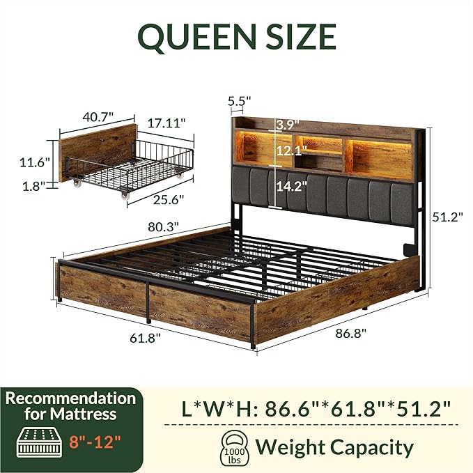 LARMACE Queen Bed Frame with 6 Storage Drawers, Bed Frame Queen Size with Linen Upholstered Headboard, Built in Charging Station and LED, No Noise, Metal Support, No Box Spring Needed,Vintage Brown