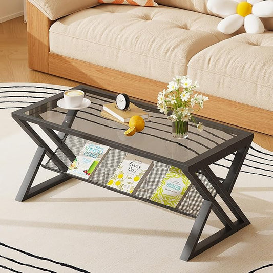 Glass Coffee Table Living Room Table with Storage Shelf, Grey Glass Table Simple Modern Rectangular Tables with Sturdy Black Metal Frame,Industrial Glass Coffee Table for Bedroom Home Office
