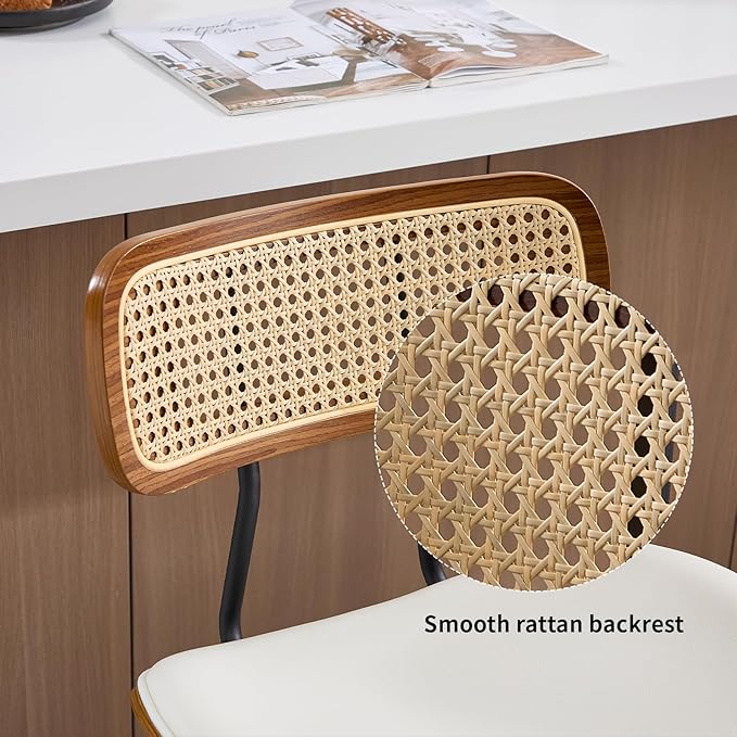 Swivel Bar Stools Set of 2, Faux Leather Counter Height Stools with Rattan Back, 26" Seat Height Upholstered Bar Chairs with Bentwood Wood Frame for Kitchen Island - Beige