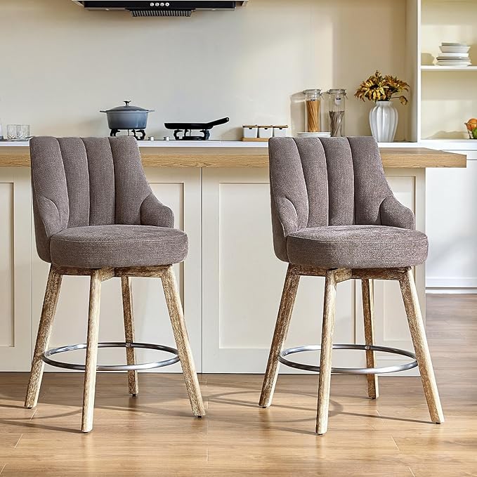 IWOOD Counter Height Bar Stools,Swivel Bar Stools with Backs,Barstools Set of 2,26'' Solid Wood Legs,Thick Seat Upholstered Linen Fabric Counter Height Stools in Grey