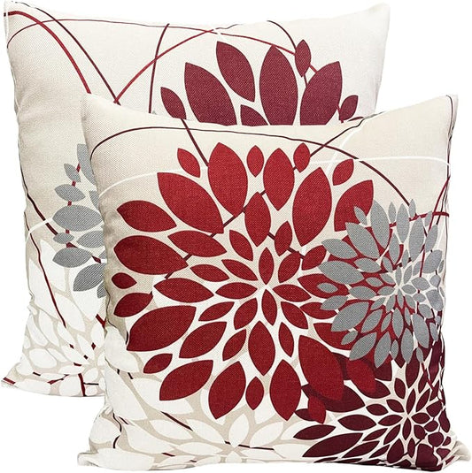 Wine Red Decorative Throw Pillow Covers 18x18 Inch Pillow Covers for Couch Living Room Bedroom Outdoor.Modern Sofa Throw Pillow Cover.Farmhouse Geometric Floral Linen Square Pillow Case.Set of 2