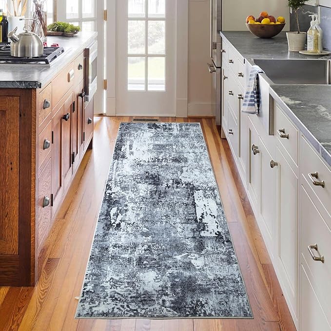 Runner Rug 2x6 Hallway Rugs Washable Boho Rug Soft Area Rug Abstract Pattern Non-Slip Faux Wool Vintage Rug for Kitchen, Entryway, Laundry, Bedroom, Grey and Black