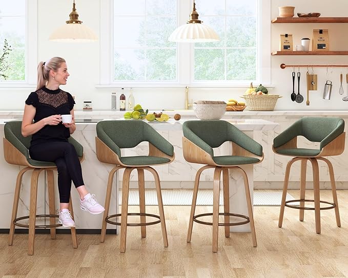 HNY 26 Inch Swivel Bar Stools with Back Set of 6, Green Linen Upholstered Counter Height Barstools with Solid Bentwood Frame, Round Footrest, Modern Barrel Counter Stools for Kitchen Island, Home Bar